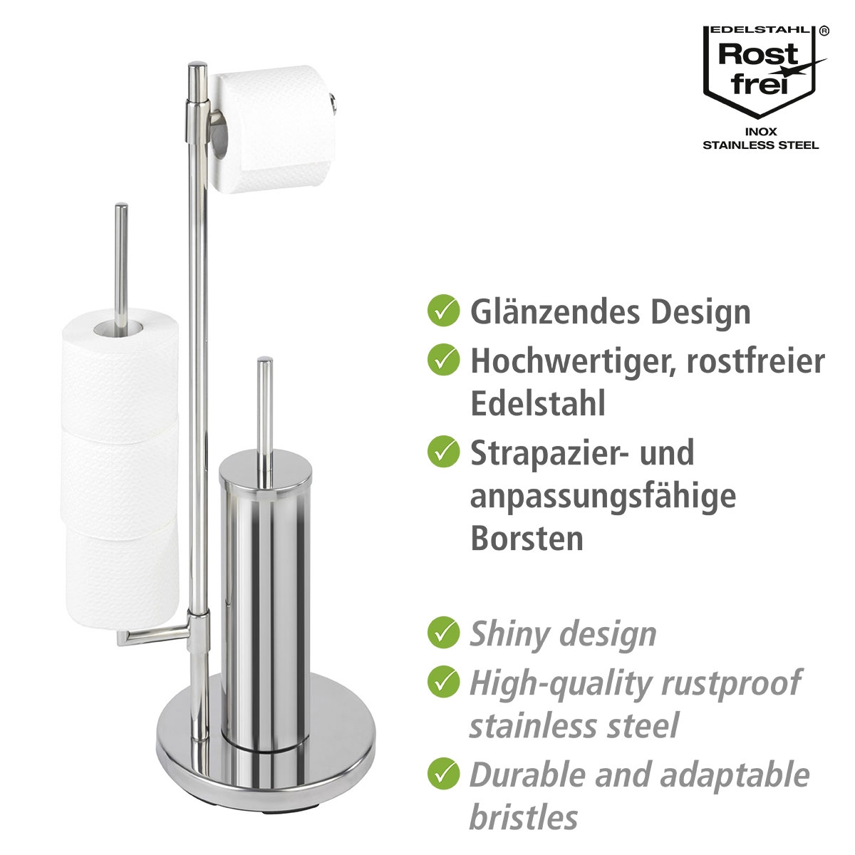 Stand Neo rostfrei und Universalo Edelstahl | WC-Garnitur WC-Bürstenhalter integrierter Toilettenpapierhalter Wenko 514771