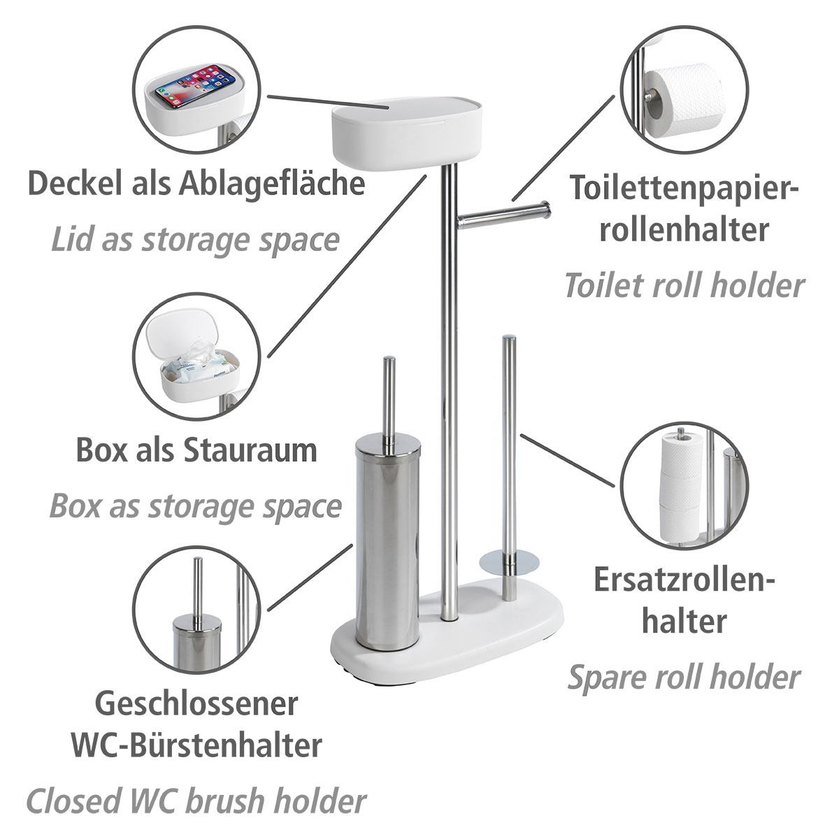 | integrierter Ersatzrollenhalter Weiß Toilettenpapierhalter und Wenko 514827 WC-Garnitur Ablagebox Rivazza Box mit WC-Bürstenhalter mit Stand