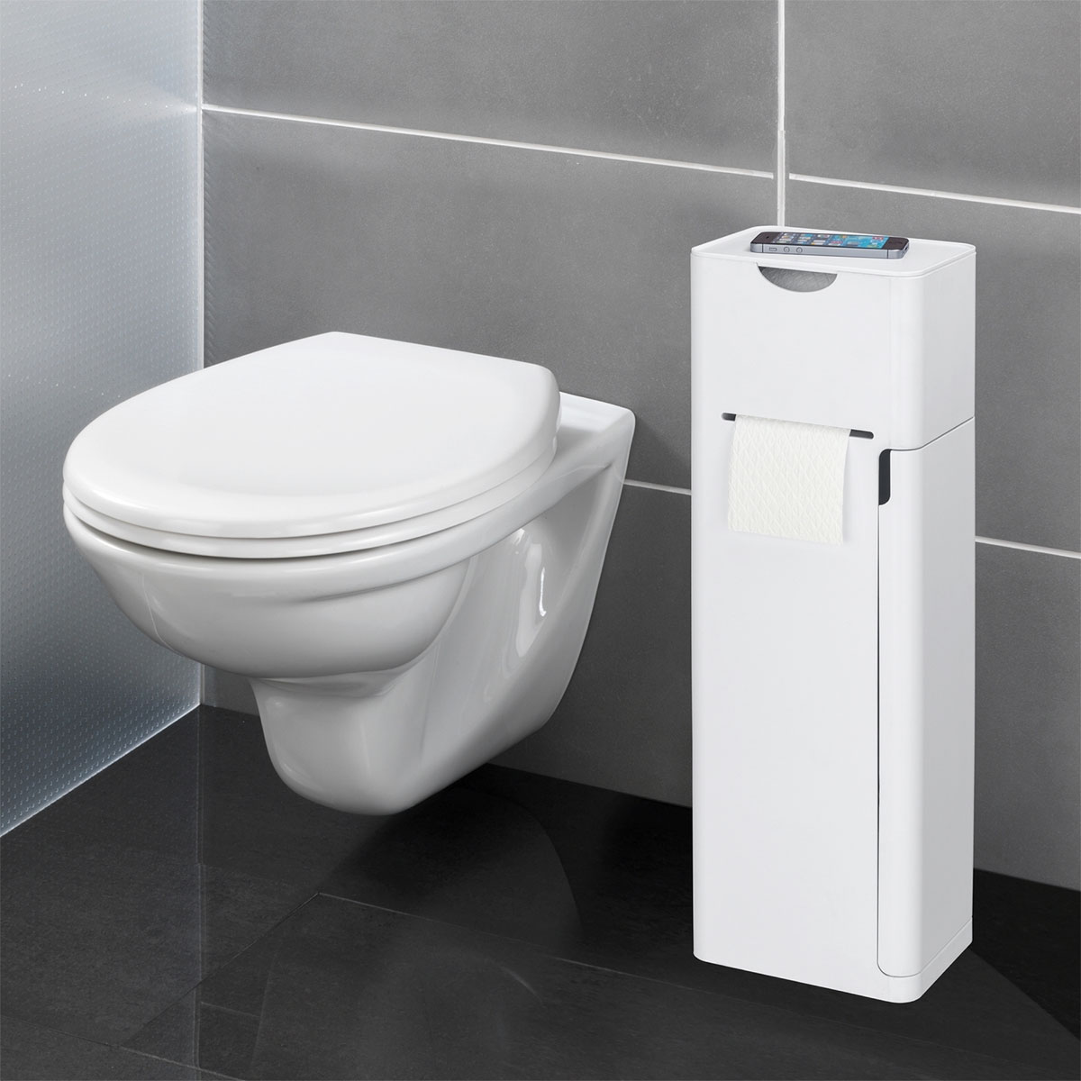 Wenko 6 in 1 Stand Stauraumfächer Imon integrierter Toilettenpapierhalter 514825 WC-Bürstenhalter WC-Garnitur und Ersatzrollenhalter Ablage Weiß matt 
