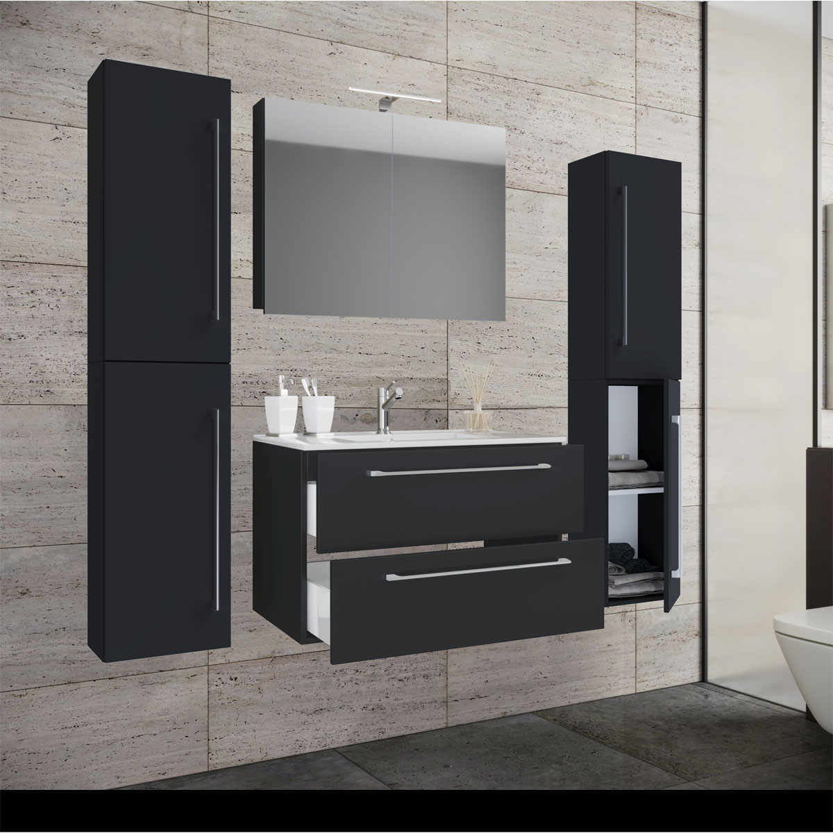 Waschplatz 80 cm K000050371 Set | schwarz schwarz 5-teiliges Spiegelschrank | 2 mit Schubfächer