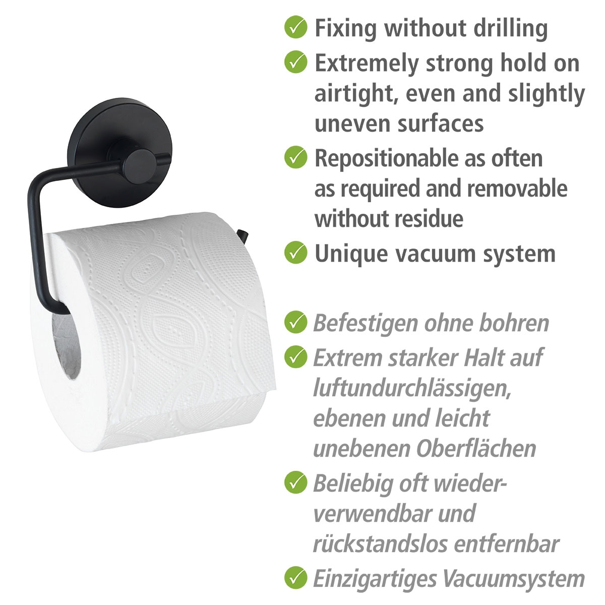 Wenko Toilettenpapierhalter Milazzo Schwarz Befestigen Vacuum- bohren | ohne Loc 503653
